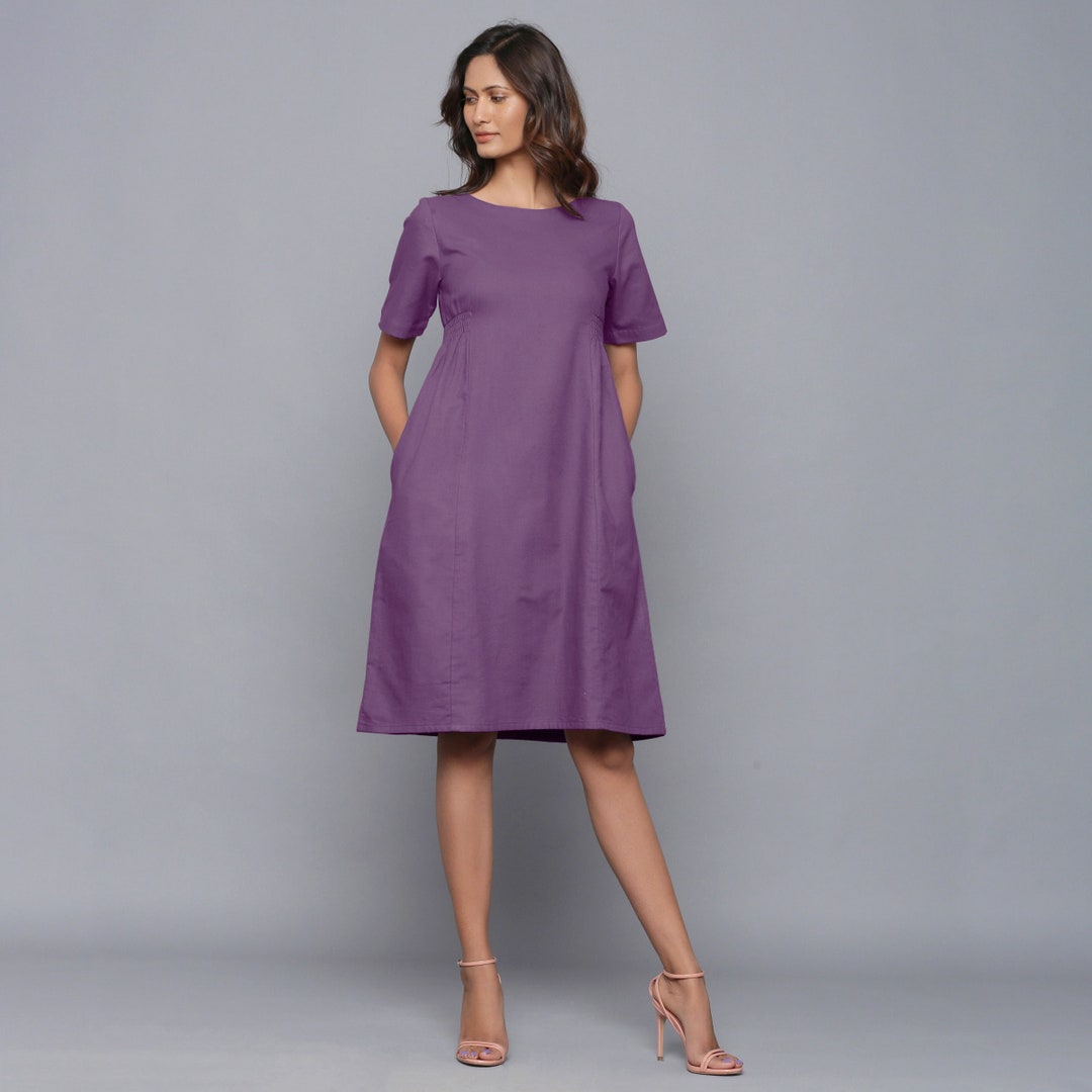Cotton Flannel Dress, Relaxed Sleeve Dress, Paneled Dress, Knee Length Dress With Pockets