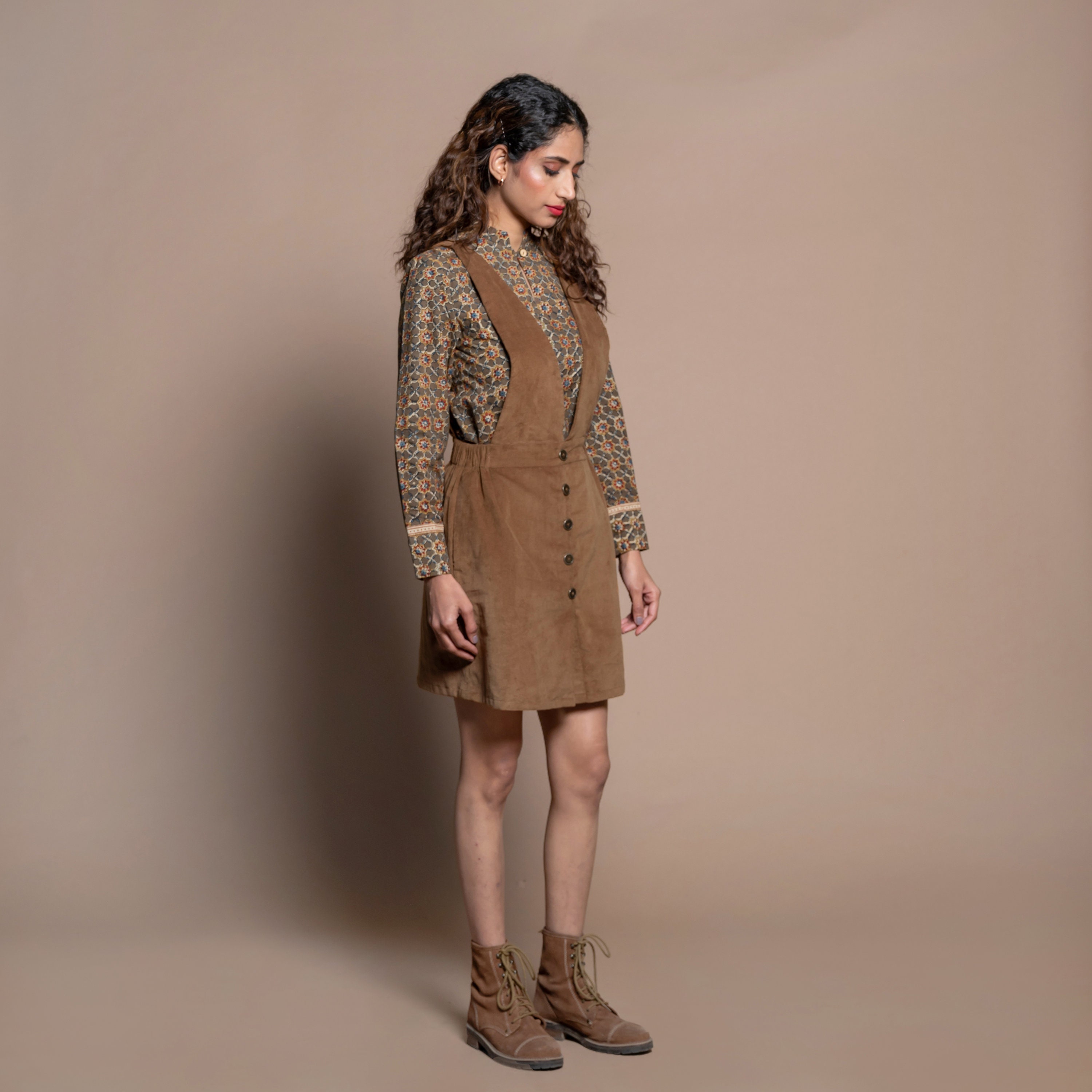 Camel Brown Cotton Velvet Pinafore Dress Short Dress Plunge Neck