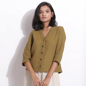 Olive Green 100% Cotton Waffle Top, Customizable Top for Women, Button-Down Relaxed Sleeves Top cw etsw