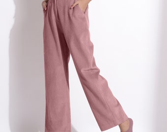 Mauve 100% Cotton Corduroy Trousers, Customizable High-Rise Pant, Relaxed Fit Pant with Pockets, Plus Size, Petite, Tall etsw