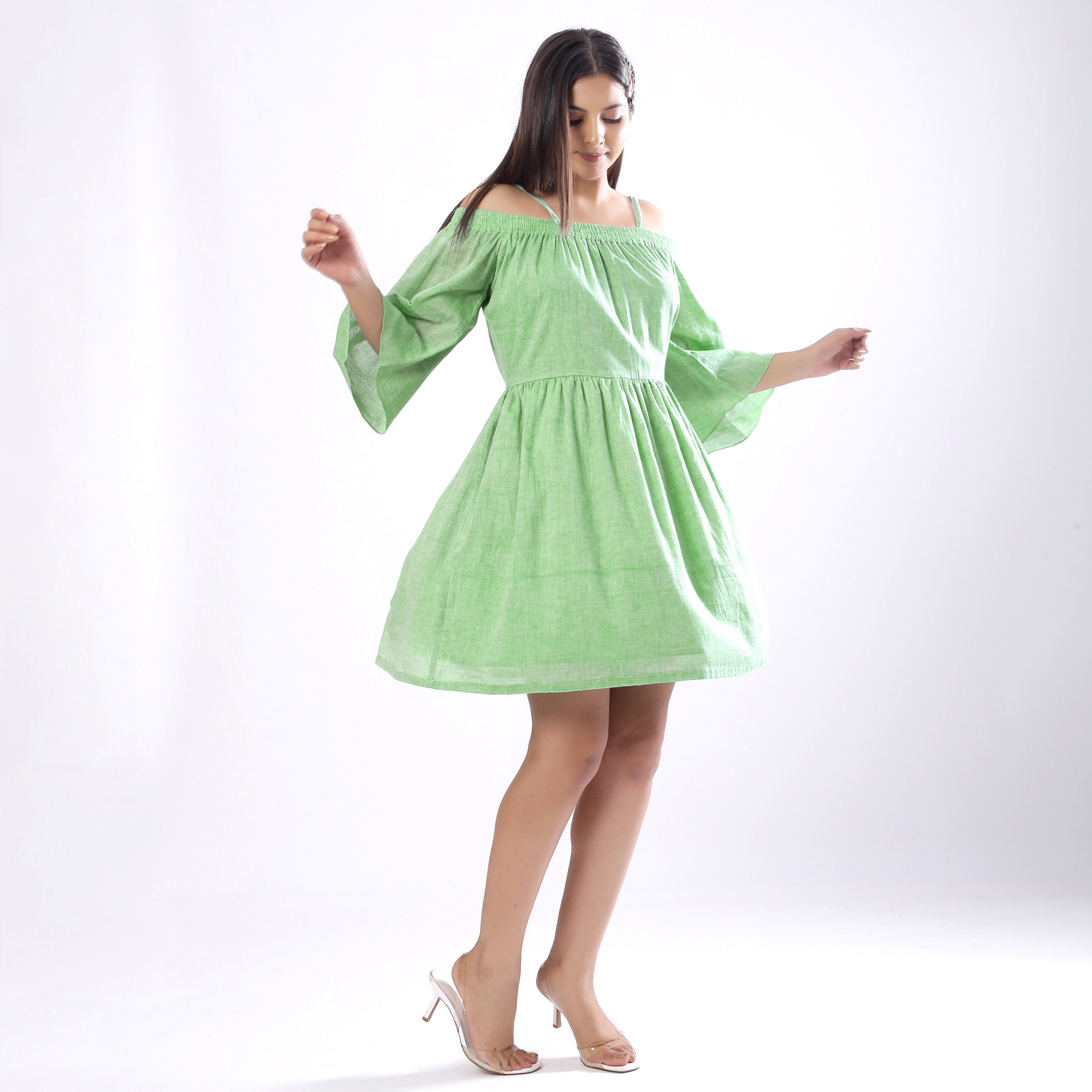 green off the shoulder mini dress Souline Bouclé Off-Shoulder Mini Dress in Mint main image 0