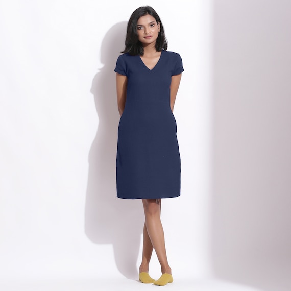 Navy Blue Cotton Waffle Dress, V-Neck Shift Dress, Knee Length Dress, Dress with Pockets etsw