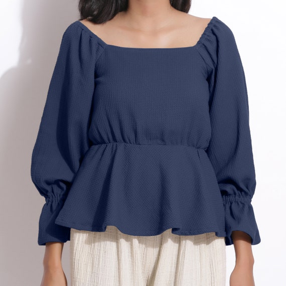 Navy Blue 100% Cotton Waffle Peplum Top, Customizable Top, Comfort