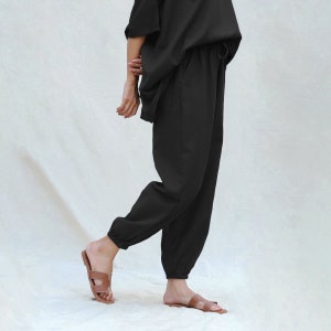 Black Cotton Flax High-Rise Elasticated Jogger Pant, Comfort Fit Pajama Pant, Pant With Pockets, Customizable Pant  etsw