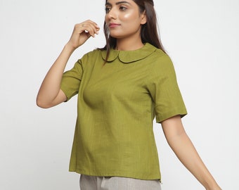 100% Cotton A-Line Top, Peter Pan Collar Top, Customizable Top, Half Relaxed Sleeve Top for Women, Plus Size, Petite, Tall etsw