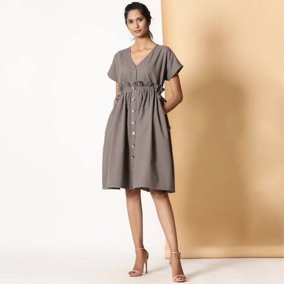 Ash Grey 100% Cotton Flannel Knee Length Dress, Customizable Dress, Loose Fit Bohemian Dress with Pockets, Plus Size, Petite, Tall etsw