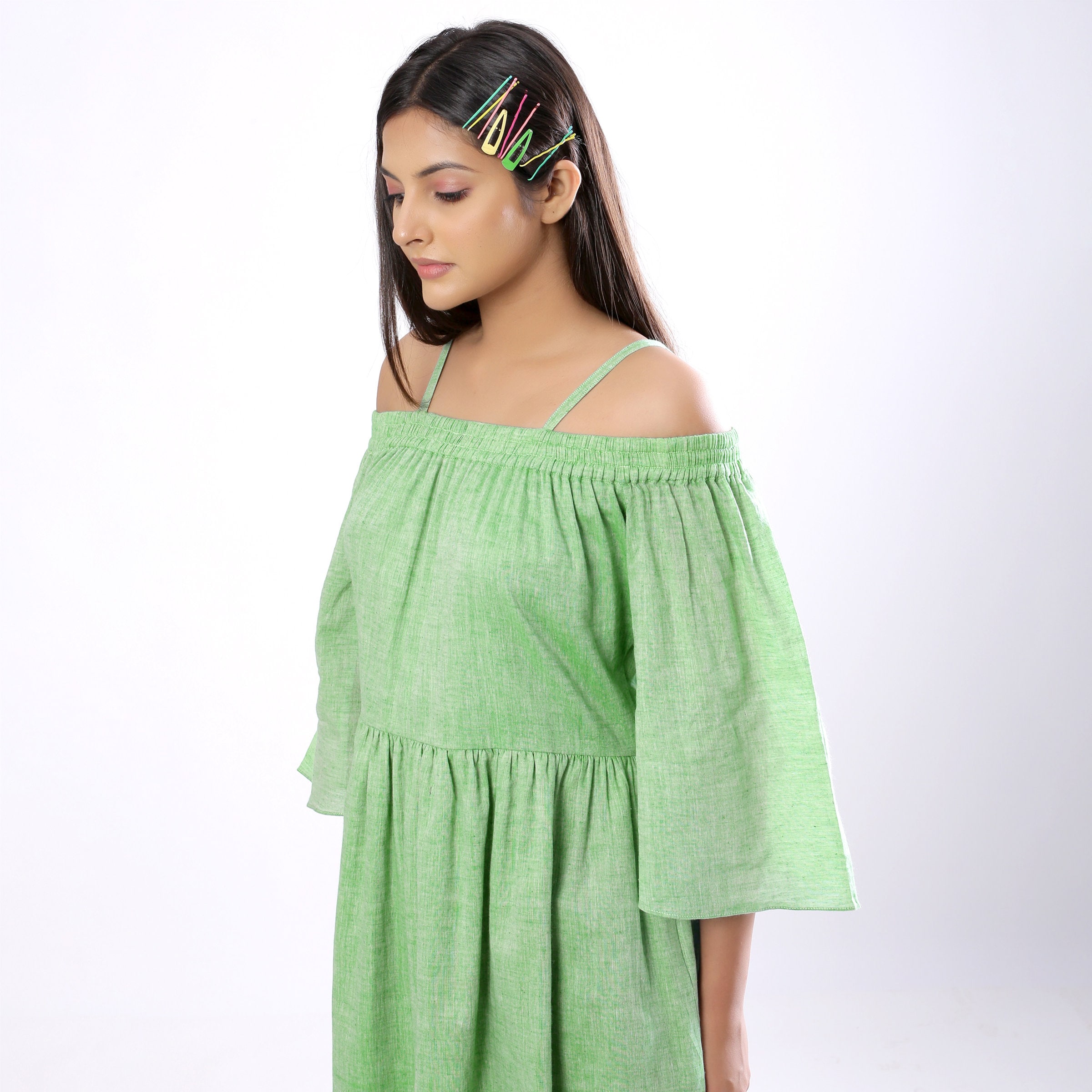 100% Cotton Off-Shoulder Dress, Mint Green Dress, Relaxed Gathered Dress with Pockets, Customizable Dress, Plus Size, Petite, Tall etsw