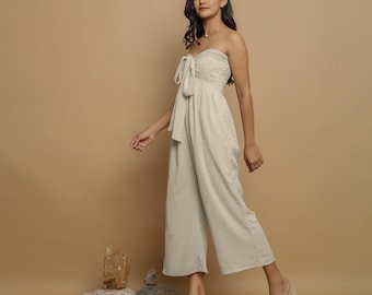 Mono de lino y algodón color crudo, mono holgado con bolsillos, mono personalizable, talla grande, petite, alta