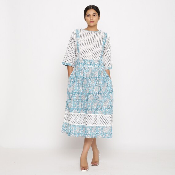 Turquoise Block Print 100% Cotton Midi Dress, Customizable Dress for Women, Flared Gathered Dress with Pockets, Plus size, Petite, Tall Etsw