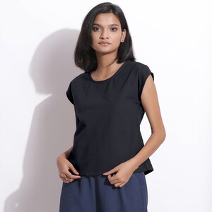 100% Cotton Flannel Moonlight Black Top, Round Neck Relaxed Top, Customizable Drop Shoulder Sleeves Top, Plus Size, Petite, Tall etsw