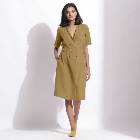 knee length dress with coat Olive Green Cotton Waffle Knee Length Coat Dress, Knee Length Blazer Dress with Pockets, Customizable Dress, Plus Size, Petite, Tall etsw