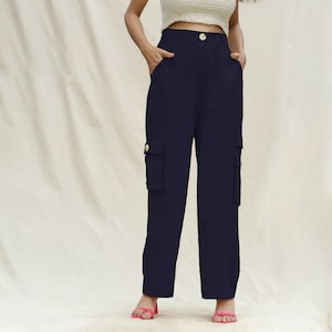 Navy Blue Cotton Flax Elasticated High-Rise Cargo Pant, Full Length Pant, Pant With Pockets, Customizable Pant etsw