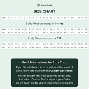 May include: Size chart for clothing with measurements in inches and centimeters. The chart shows waist and hip measurements for sizes 00 to 40. The chart also includes the text "Get it Tailormade (at No Extra Cost)" and explains that custom sizes are available.