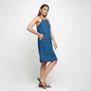Teal 100% Cotton Knee Length Dress, Customizable Dress for Women, A-Line Dress with Pockets
