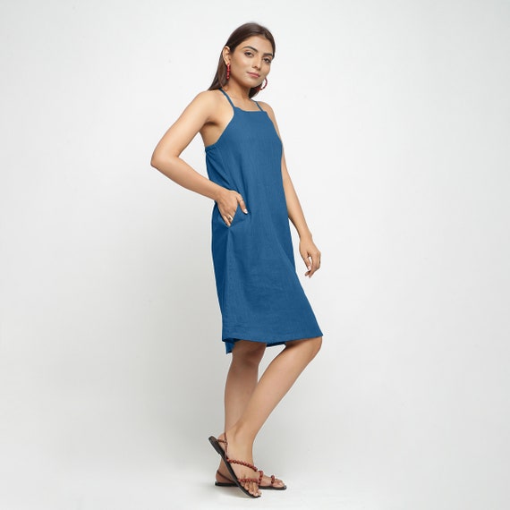 knee length dresses for ladies Emely Lapel V-Neck Symmetrical Pocket A-Line Cotton Dress (No Belt), Denim Blue / L