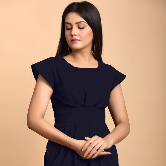 navy blue short flowy dress Navy Blue Warm Cotton Waffle Fit and Flare Short Dress 28" / Petite (5'1" and below)