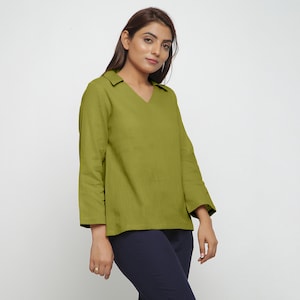 Green 100% Cotton Top, Flat Collar Top, Comfy Bracelet Sleeve Top, Customizable Top, Relaxed Fit Top, Plus Size, Petite, Tall etsw