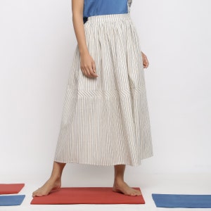 Off-White and Blue Striped Cotton Gathered Maxi Skirt, Flared Mid-Rise Skirt, Customizable Skirt with Pockets, Plus Size, Petite, Tall etsw