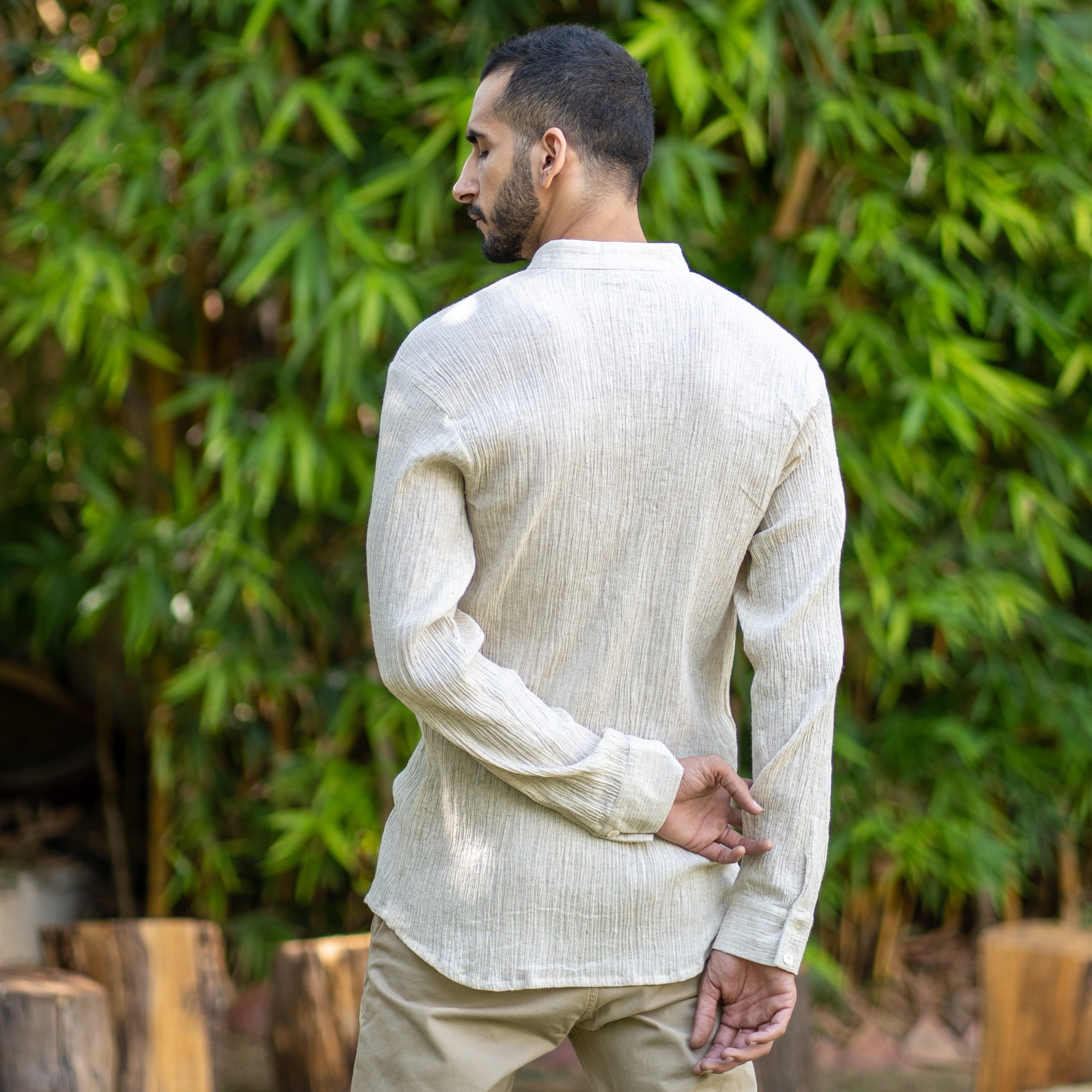 Off-white Crinkled Boho Shirt for Men, Undyed Cotton Flax