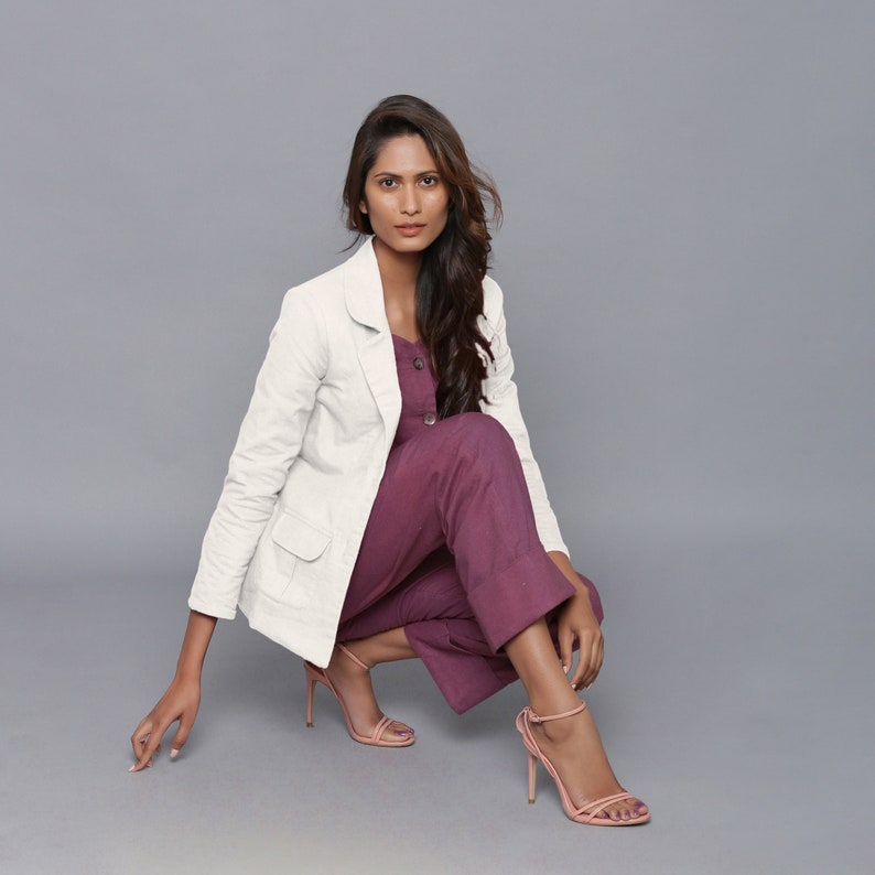 Off-White Slim Fit Blazer, 100% Cotton Flannel Short Notched Collar Blazer, Customizable Blazer with Pockets, Plus Size, Petite, Tall etsw image 3
