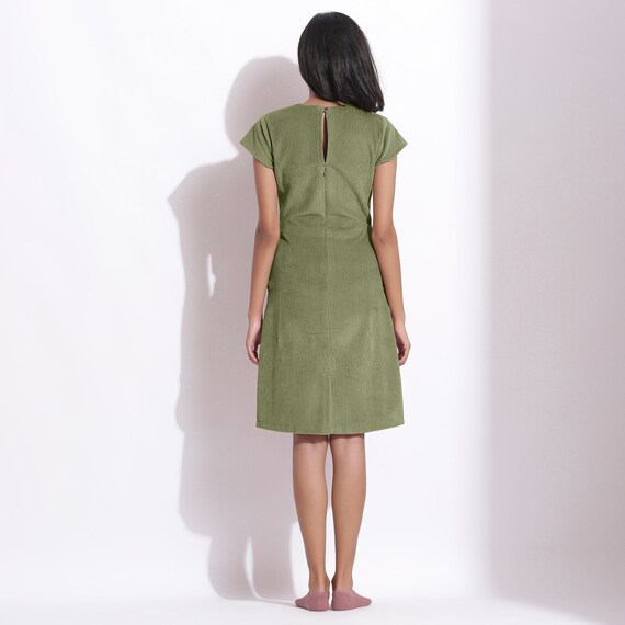 Sage Green 100% Cotton Corduroy Knee Length Dress, Customizable Dress, Slim Fit Shift Dress with Pockets, Plus Size, Petite, Tall etsw cw Sage Green 100% Cotton Corduroy Knee Length Dress, Customizable Dress, Slim Fit Shift Dress with Pockets, Plus Size, Petite, Tall etsw cw