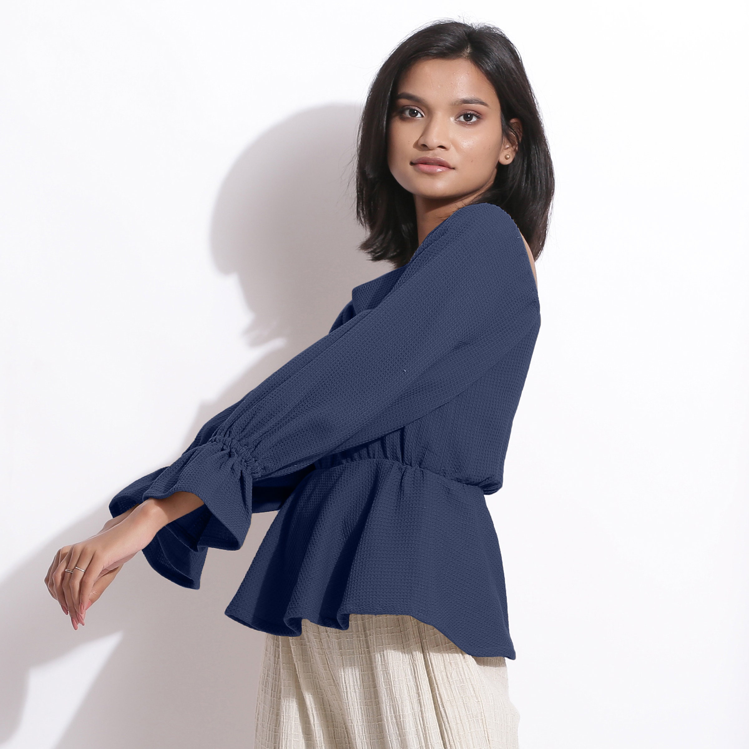 Navy Blue 100% Cotton Waffle Peplum Top, Customizable Top, Comfort