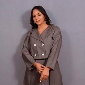 Grey Warm Cotton Flannel Double-Breasted Button-Down Shacket, Full Sleeve Shaket, Pockets Outerwear, Customizable Jacket  etsw