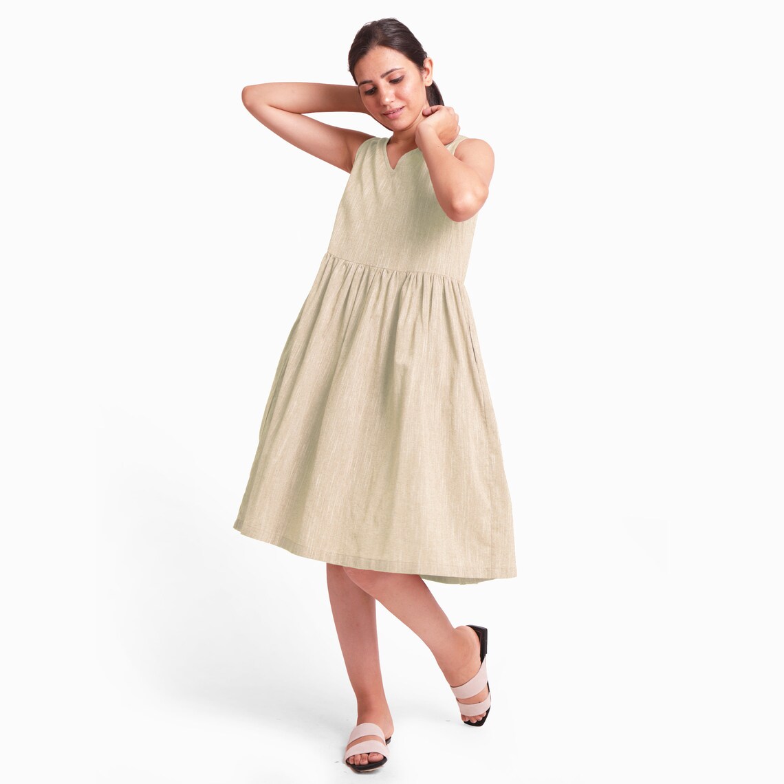 Beige 100 Cotton Midi Dress Customizable Dress for Women Etsy