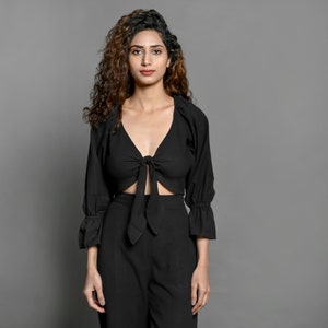Black 100% Cotton Crop Top, Tie-Up Top, Customizable Top, Comfort Fit Top etsw