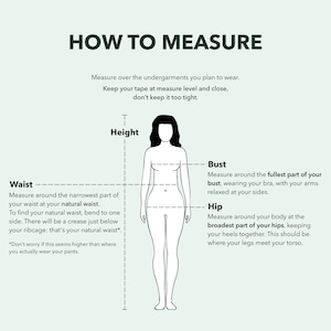 May include: Diagram illustrating how to measure the body for clothing. The image features a female figure with labeled measurement points: height, waist, bust, and hip. Text instructions explain each measurement, emphasizing accuracy for proper fit.