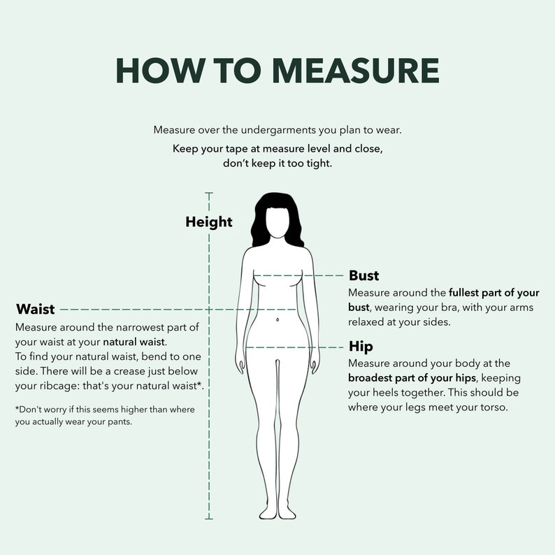 May include: Diagram illustrating how to measure the body for clothing. The image features a female figure with labeled measurement points: height, waist, bust, and hip. Text instructions explain each measurement, emphasizing accuracy for proper fit.