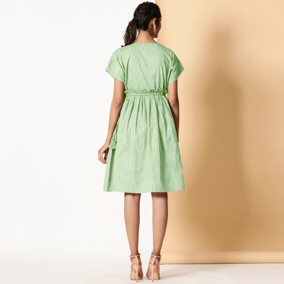 light green knee length dress Green A-Line Knee Length Prom Dress, Green Short Sleeve Party Dress
