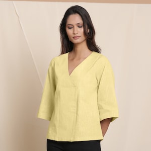 Lemon Yellow 100% Cotton Comfy Top, V-Neck Yarn Dyed Top, Loose Fit Top, Customizable Relaxed Sleeves Top, Plus Size, Petite, Tall etsw