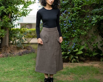 Saia de flanela de algodão cinza, saia evasê de cintura alta, saia midi envolvente com bolsos, plus size, pequena, alta ETSW