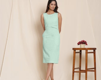 Aqua Knee Length 100% Cotton Sheath Dress, Boat Neck Slim Fit Yoked Dress with Pockets, Customizable Dress, Plus Size, Petite, Tall etsw