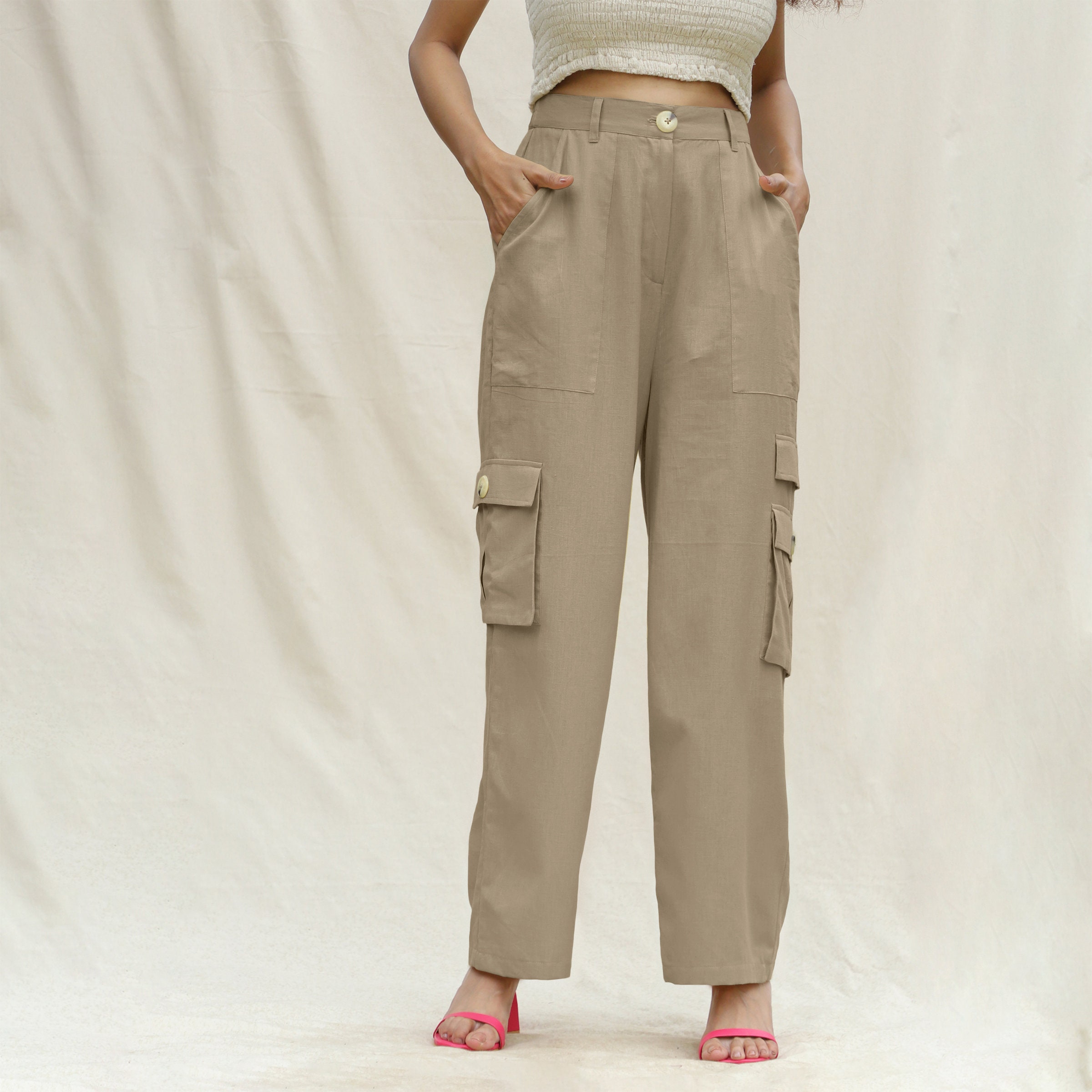 Olive Green Cotton Flax Elasticated High-rise Cargo Pant, Pant With  Pockets, Women Cargo Pant, Customizable Pant Etsw 