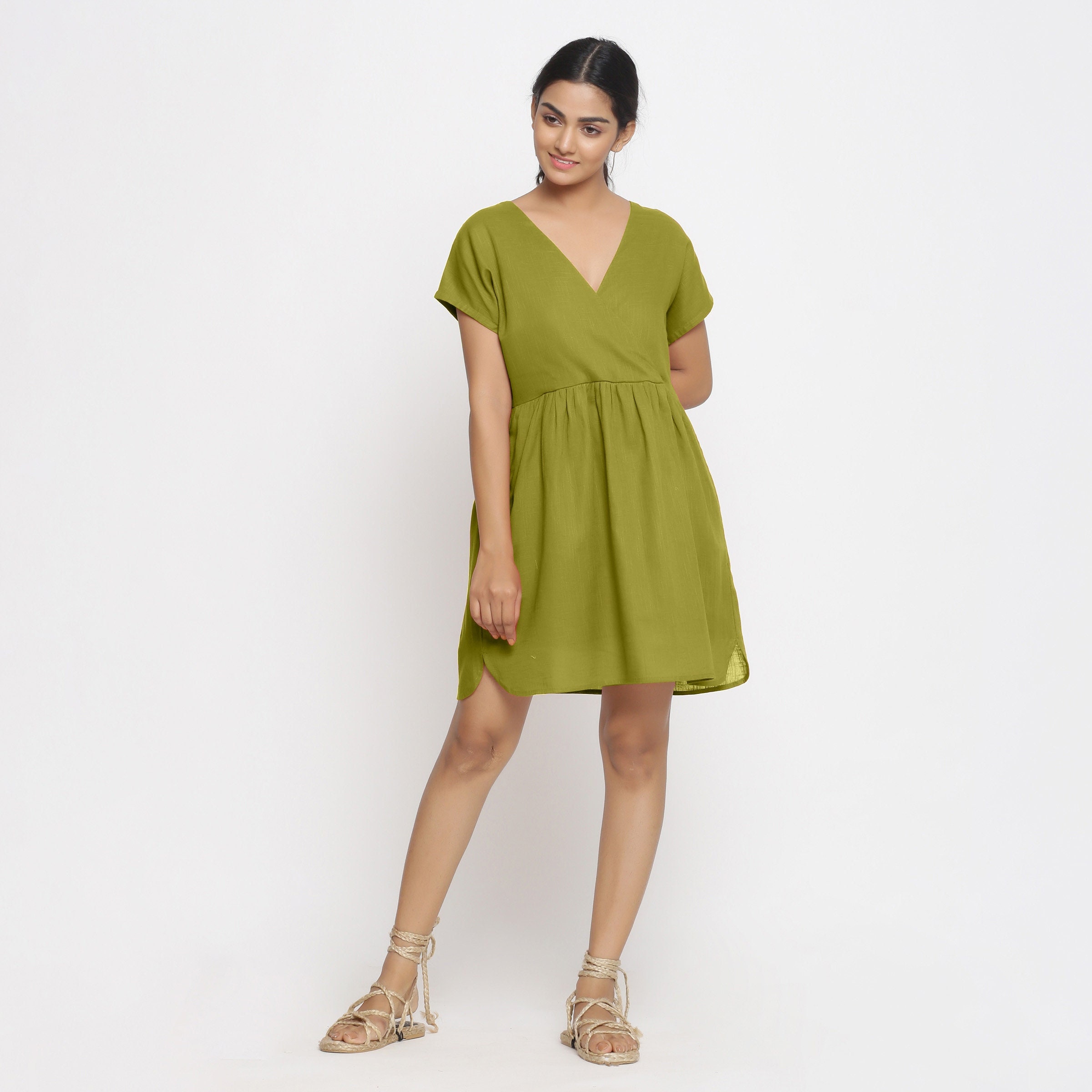 Olive Green 100% Cotton Short Dress, Customizable Dress for Women