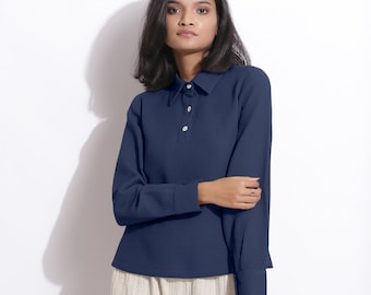 Navy Blue Polo Shirt, Cotton Waffle Shirt Top, Relaxed Collared Shirt etsw