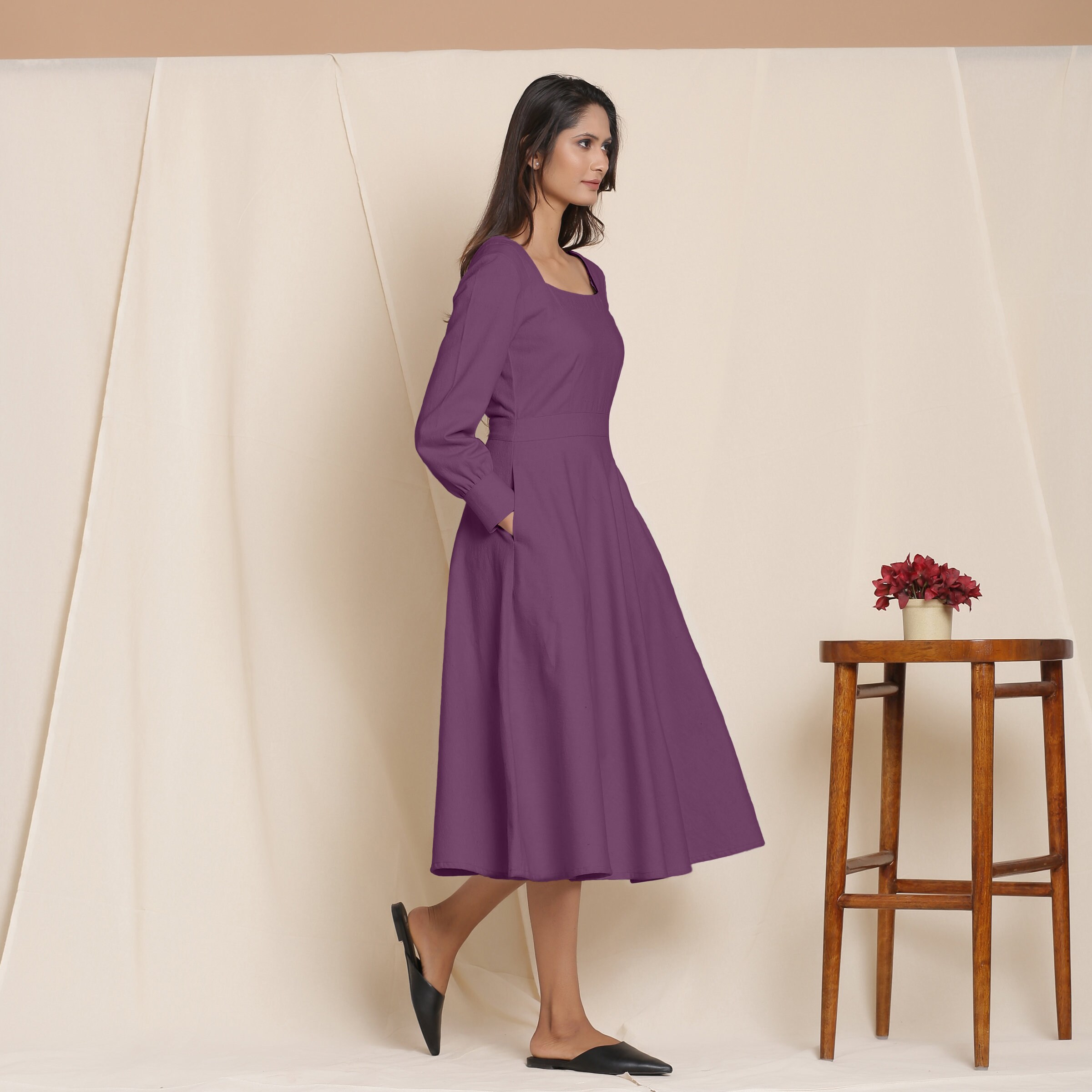 Women Plus Size Party Dress 3/4 Sleeve Floral Lace Wedding Cocktail Evening Gown Vintage Retro Swing Midi Dress With Pockets Purple XXL