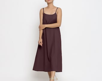 Midi-jurk van katoenvlas, aanpasbare jurk voor dames, A-lijn slipdress met ronde hals, jurk met zakken, grote maten, klein, hoog etsw