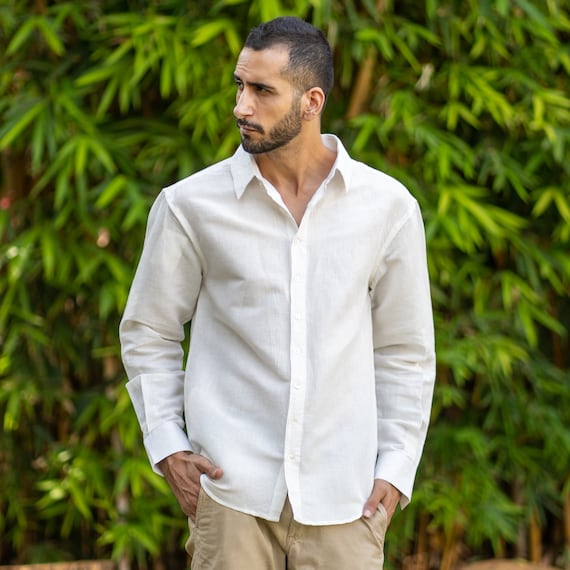 White Cotton Linen Shirt for Men, Full Sleeve Men's Shirt, Brunch Shirt, Tailormade, Warm Shirt for Winter, Relaxed Beach Vacation Shirt