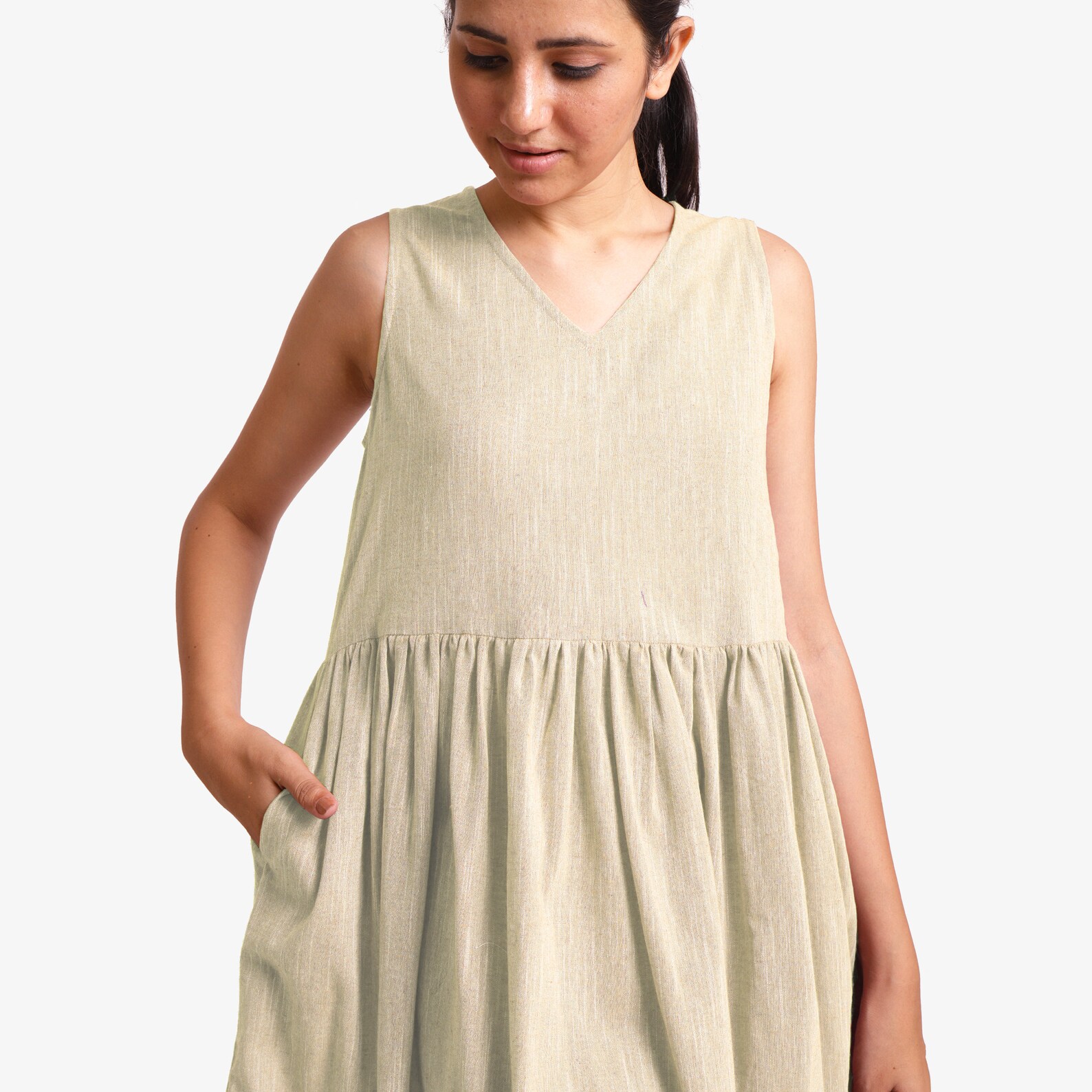 Beige 100% Cotton Midi Dress Customizable Dress for Women | Etsy