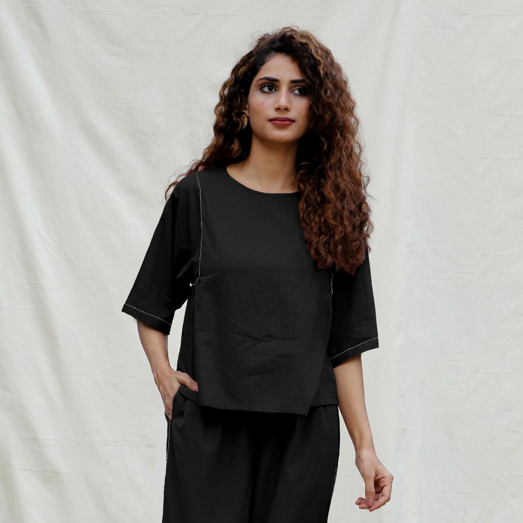 Black Plisse V Neck Drop Shoulder main image 1