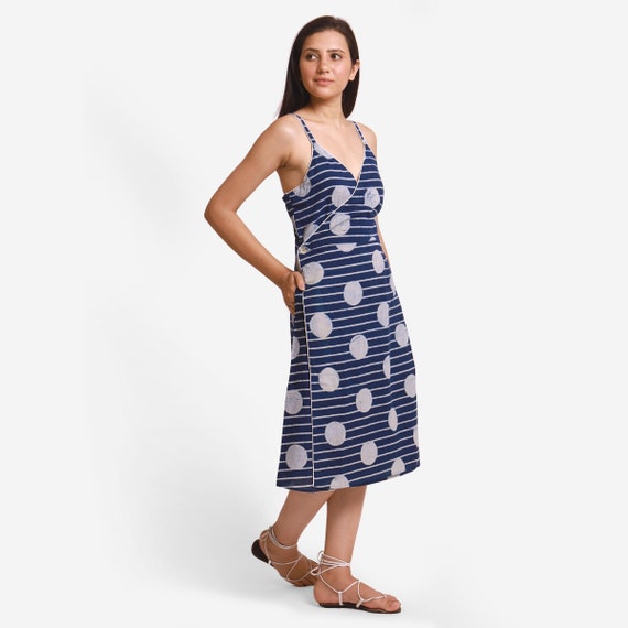 Indigo Block Print Cotton Midi Dress, Customizable Dress for Women, Asymmetrical Wrap Dress with Pockets, Plus size, Petite, Tall Etsw