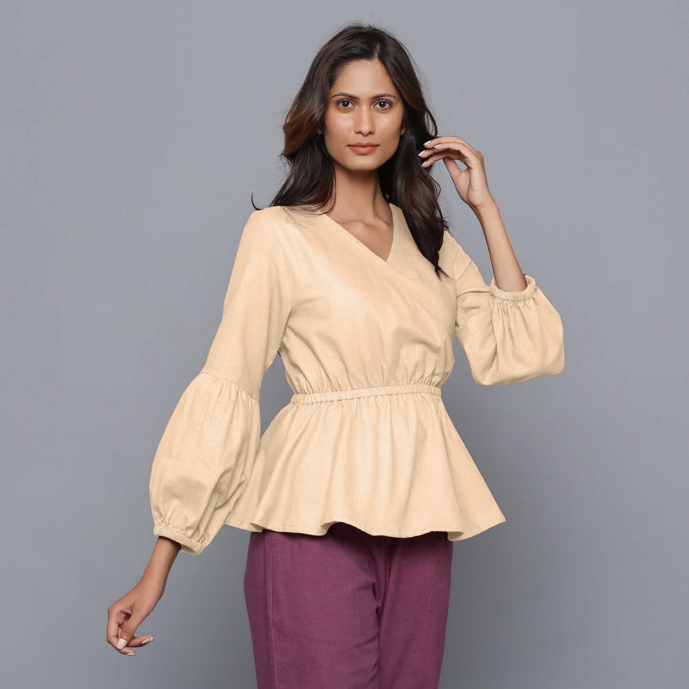 Beige V-neck Top, 100% Cotton Flannel Peplum Top, Comfy Wrap Top