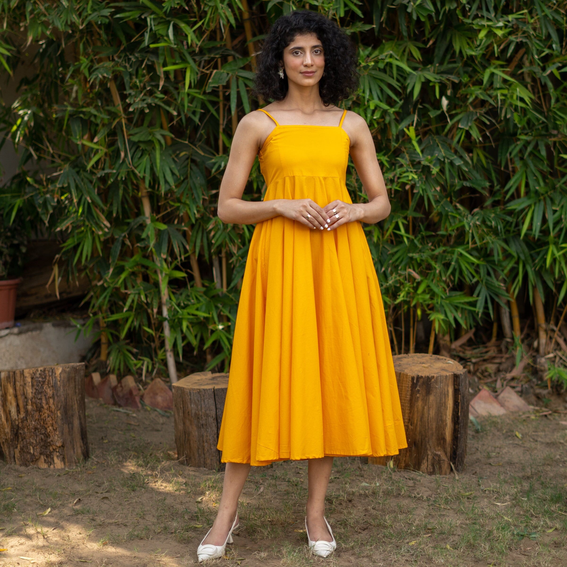 Yellow Midi Dress, Cotton Poplin Dress, Fit and Flare Midi