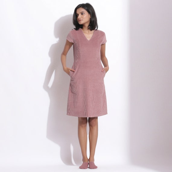 100% Cotton Corduroy Shift Dress, Customizable V-Neck Dress, Knee Length Paneled Dress with Pockets, Plus Size, Petite, Tall cw etsw