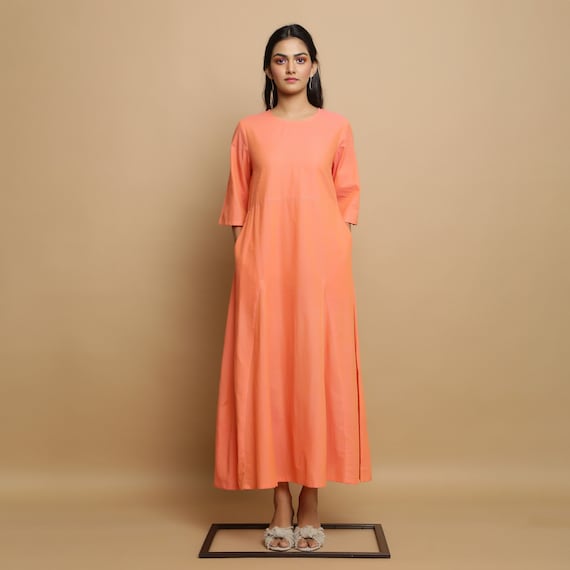 Salmon Pink 100% Cotton Godet Dress, Solid Flared Dress, Customizable Dress with Pockets, Maxi Dress, Plus Size, Petite, Tall etsw