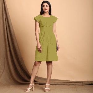Green Cotton Flax Button-Down Mini Shirt Dress, Princess Line Dress, Dress With Pockets, Customizable Dress  etsw