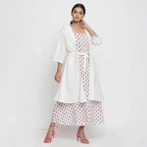 Sanganeri Block Print Cotton Dress and White Overlay Co-ord Set, Camisole Dress and Overlay Set, Customizable Set